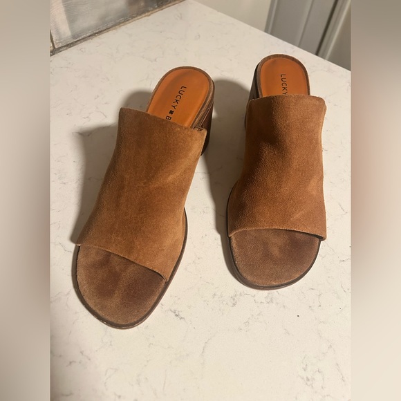 Lucky Brand Genuine Suede Leather Tan Mule Stacked Block Heel Sandals - Picture 12 of 14